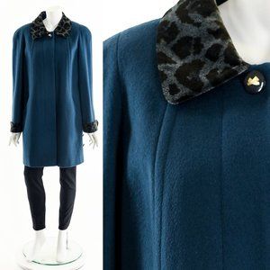 Green Leopard Wool Trapeze Coat,Dark Emerald Wool Coat,Wool A Line Coat,Leopard